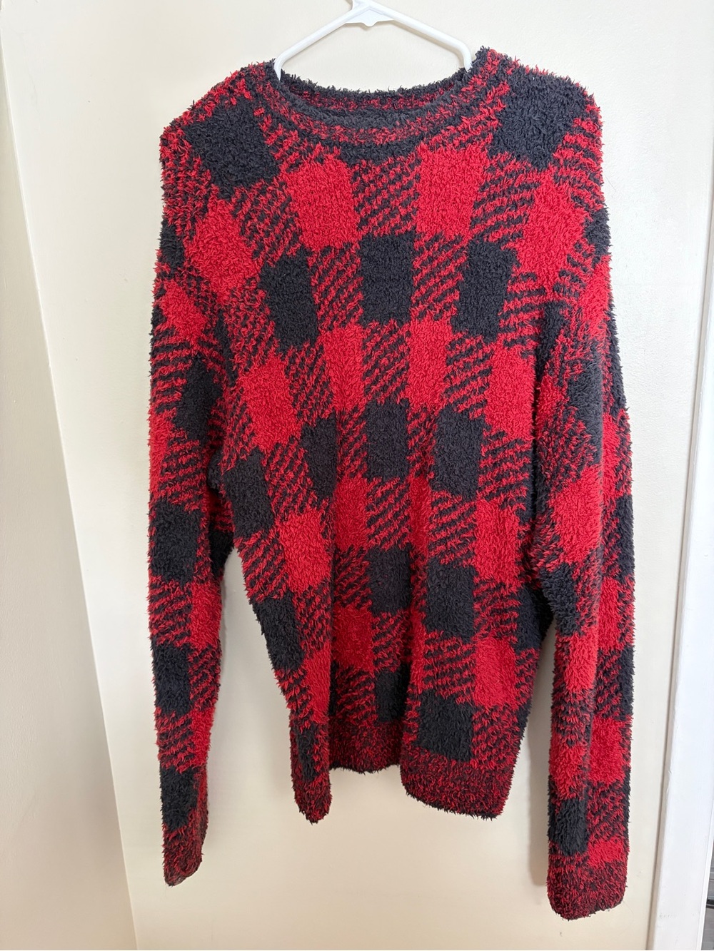 SKIMS Red and Black Buffalo Plaid Crewneck Sweater